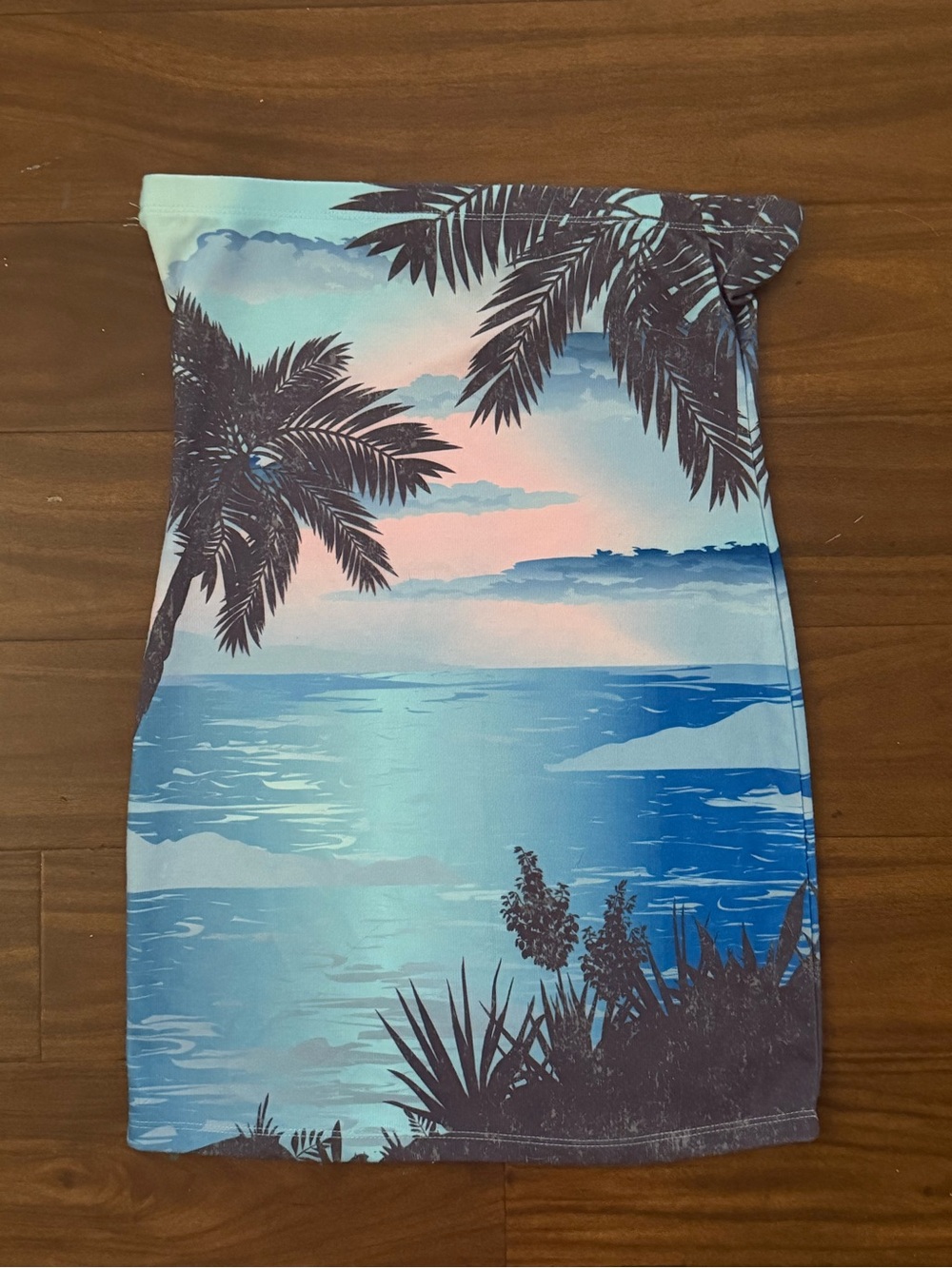 Sunset Palm Strapless Dress in Blue and Pink